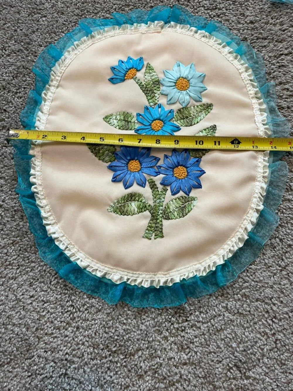 Vtg 3-Piece Bathroom Set Ribbon Embroidery Floral Ruffles Teal Blue Grannycore